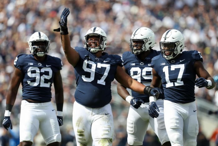 Penn State defensive tackle PJ Mustipher (97) will miss the remainder of the season because of an injury. (Matthew O'Haren/USA Today Sports)